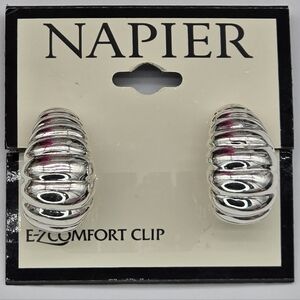 Napier Silver Ribbed Clip-On Earrings New With Tag